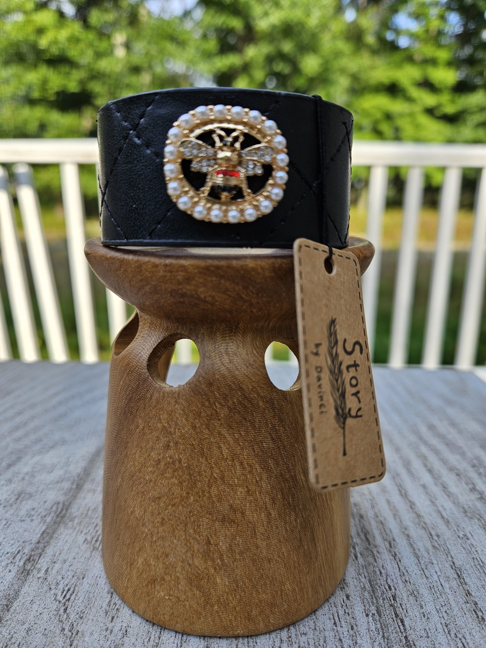 Story By Davinci Black Quilted Faux Leather Cuff Bracelet with Pearl Bee Emblem